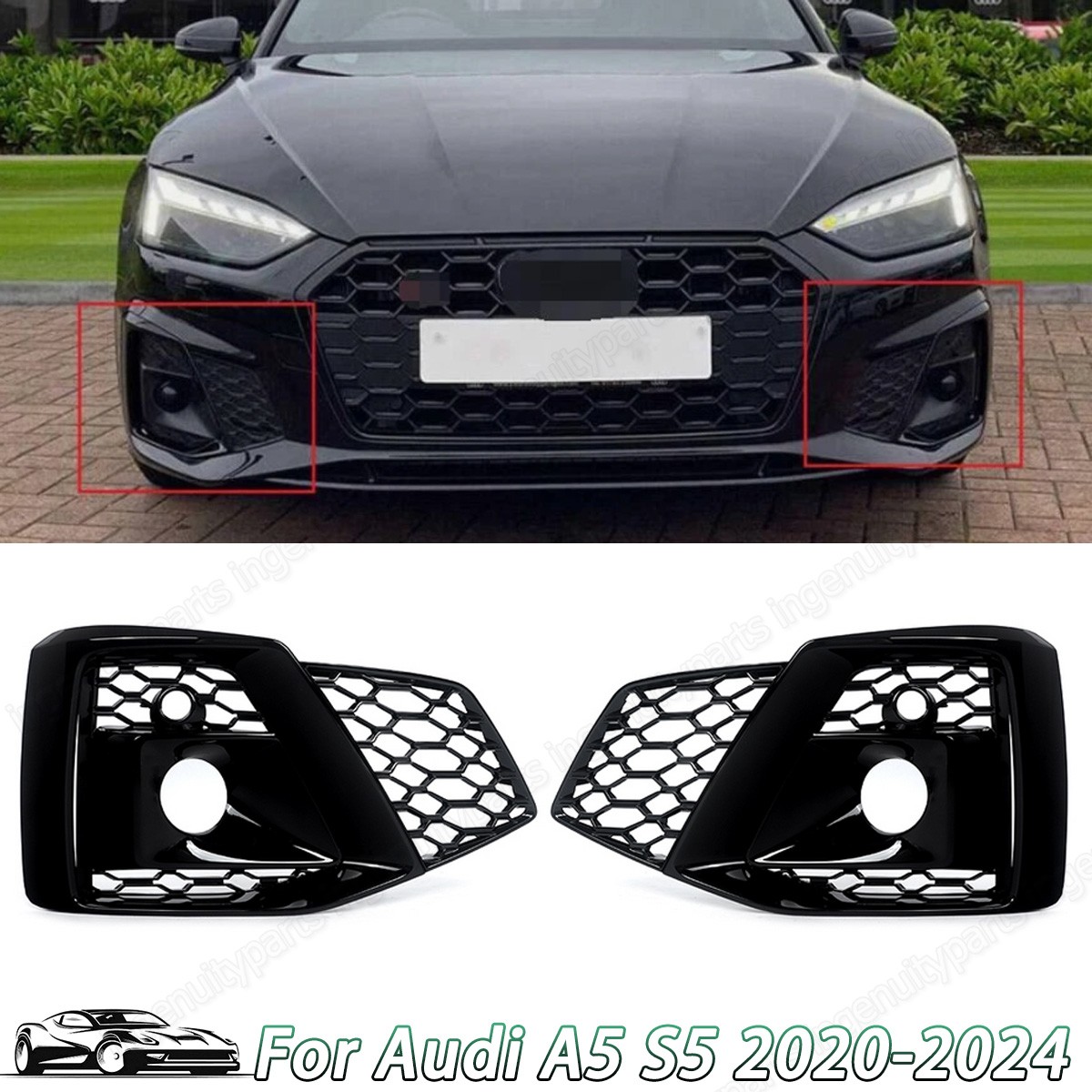 Pair Front Fog Light Grille Cover Bezels For 2020-2024 Audi A5 S5 Left&Right