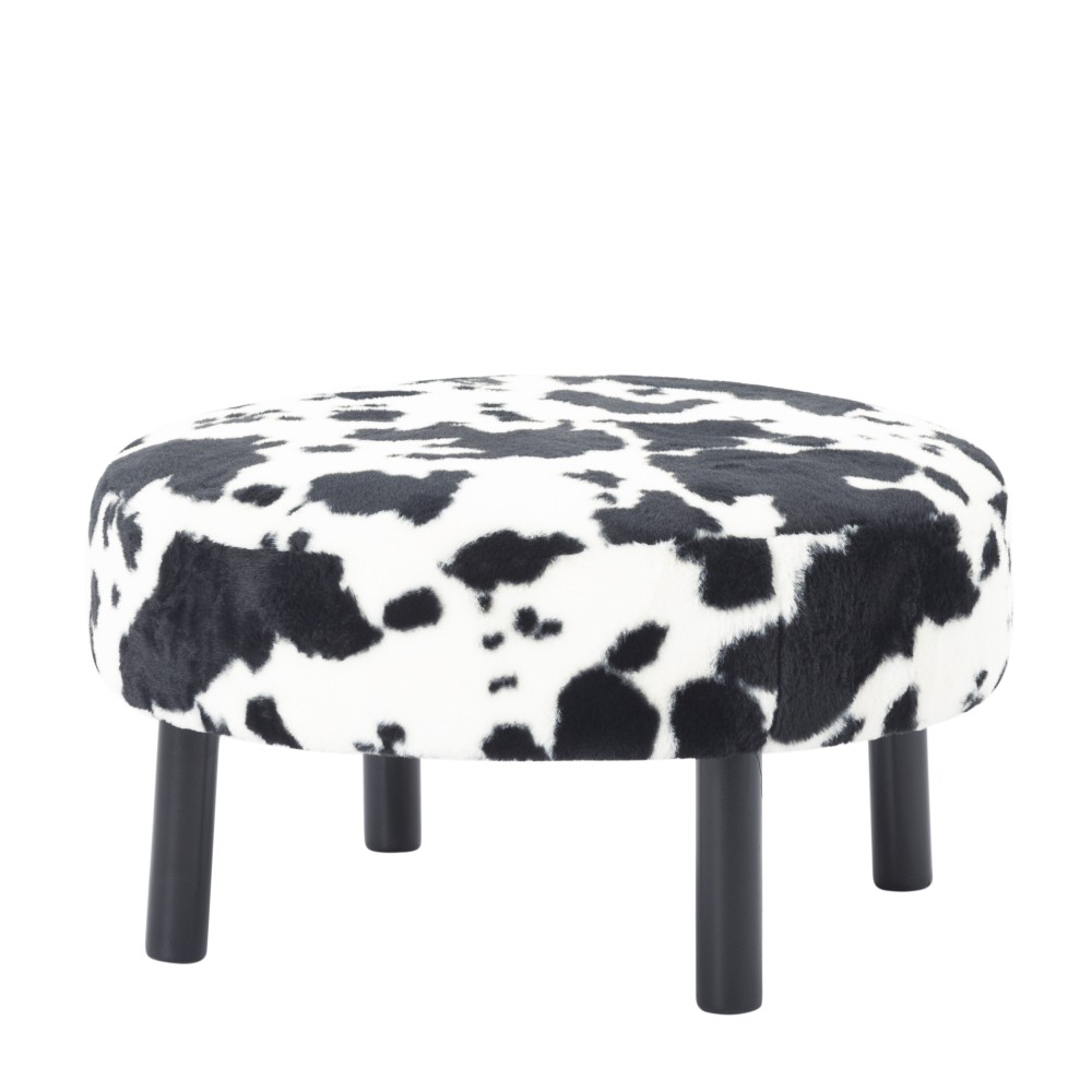 27.56" Round Ottoman Faux Rabbit Fur Upholstered Footrest with Solid Wood Legs