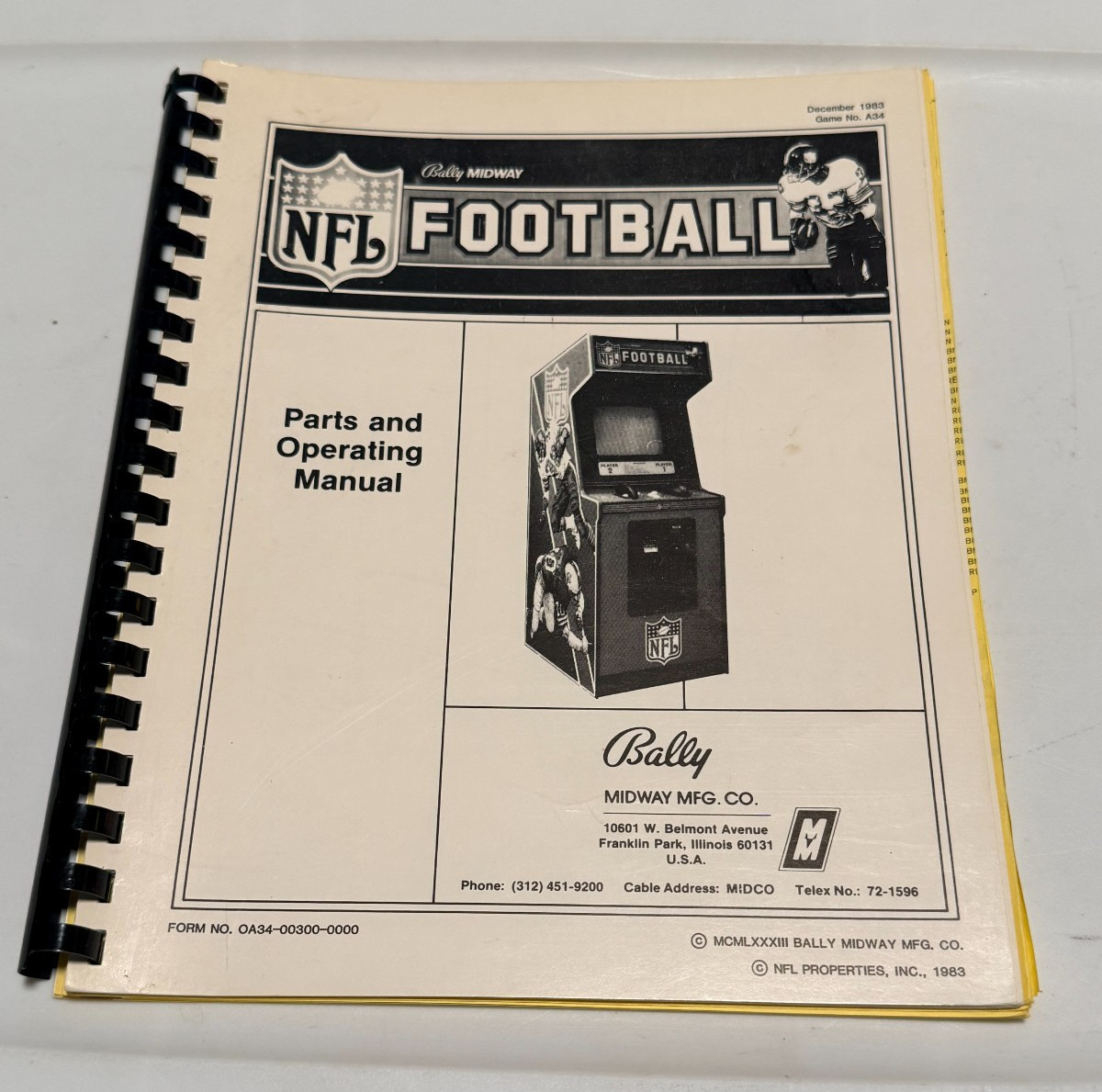 1983 BALLY/MIDWAY FACTORY ORIGINAL NFL FOOTBALL PARTS AND OPERATING MANUAL