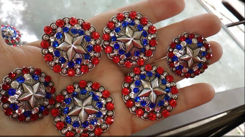 6 pc crystal bling saddle concho set star red, white, n blue crystals