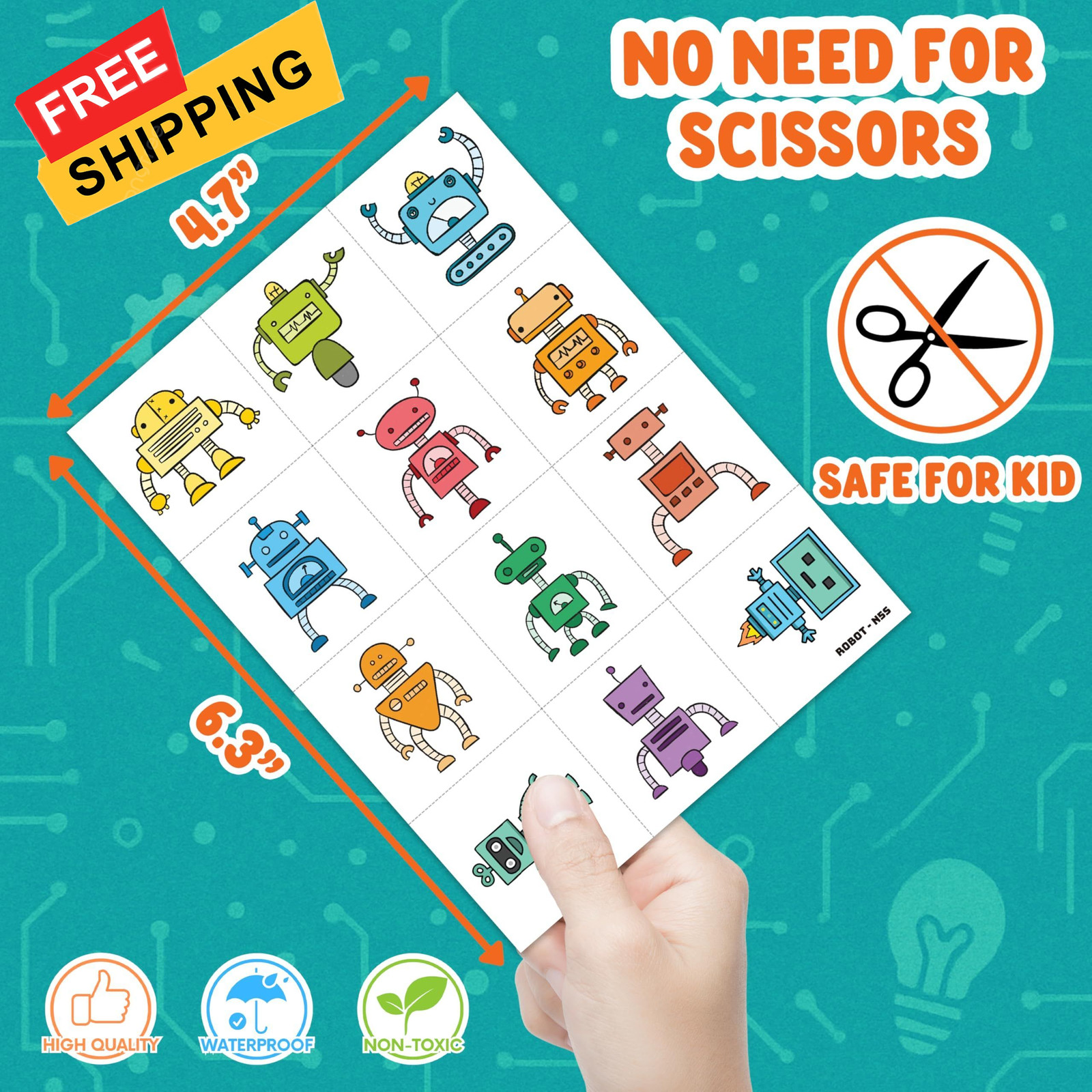 Cute Robot Temporary Tattoos for Kids 60 PCS (5 Sheets) Small, Multicolor