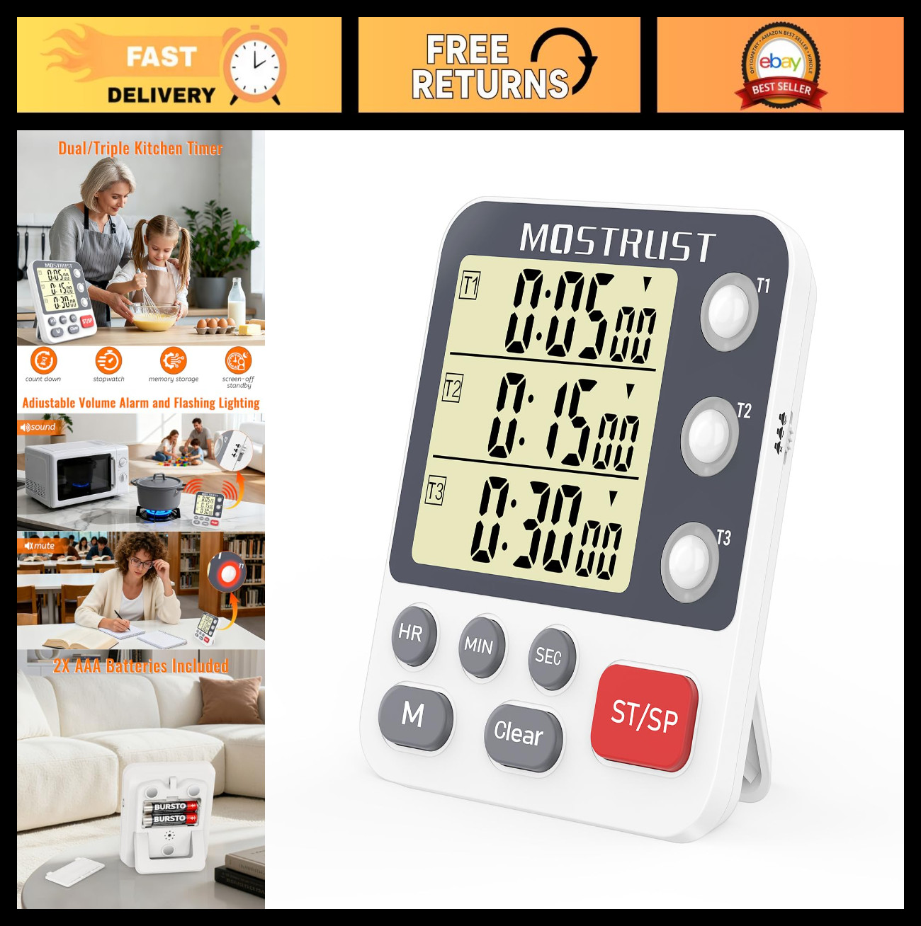 "Digital Dual Kitchen Timer - 3 Channel Countdown, Large Display, Adjustable Ala