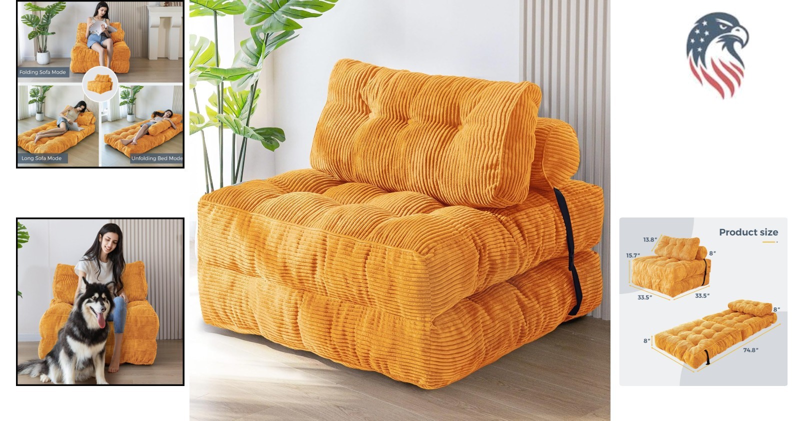 Convertible Sofa Bed Single Size Foldable Couch with Pillow Orange
