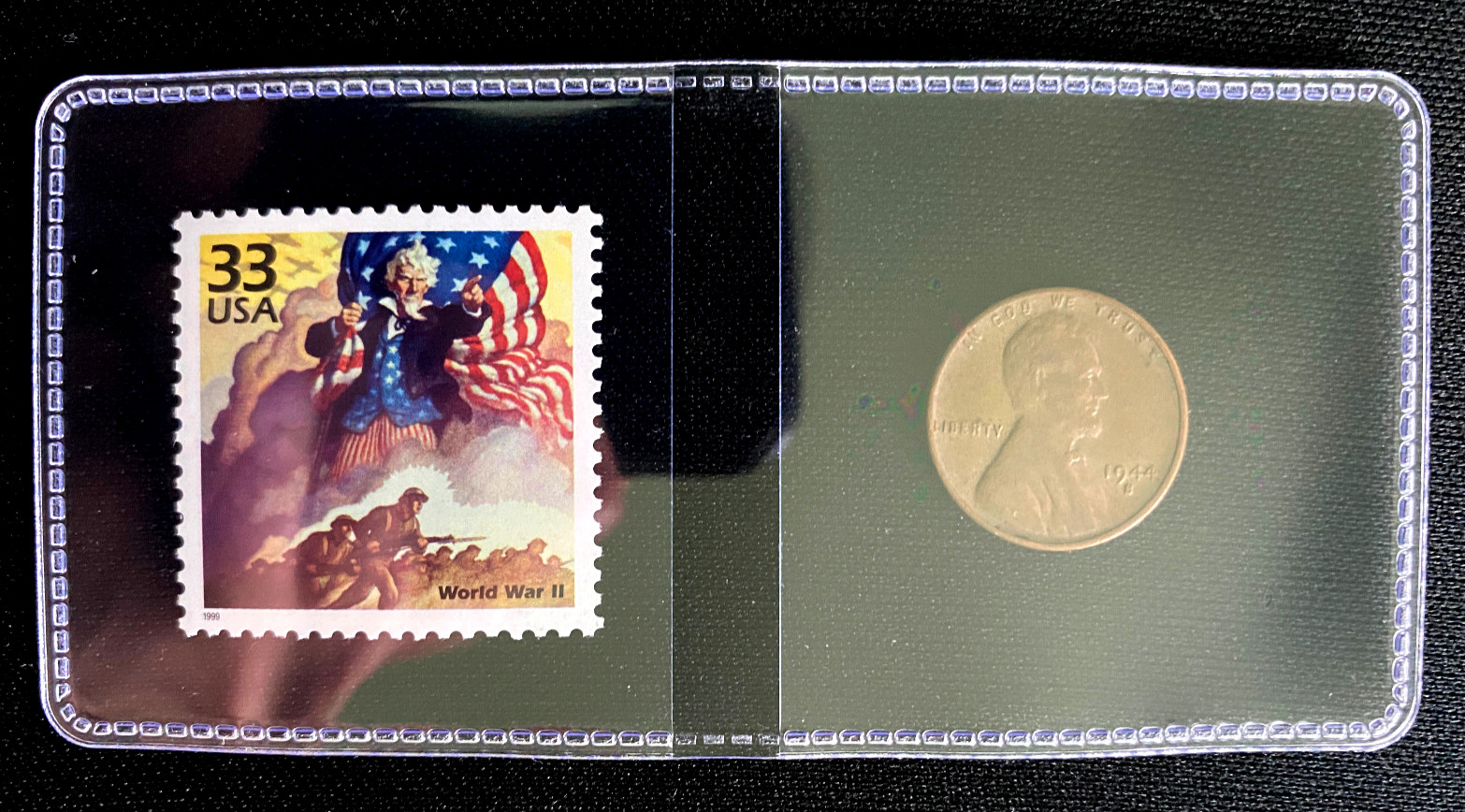 1944-S Lincoln Wheat Cent & WWII Stamp - Wartime Commemorative Set in Sleeve