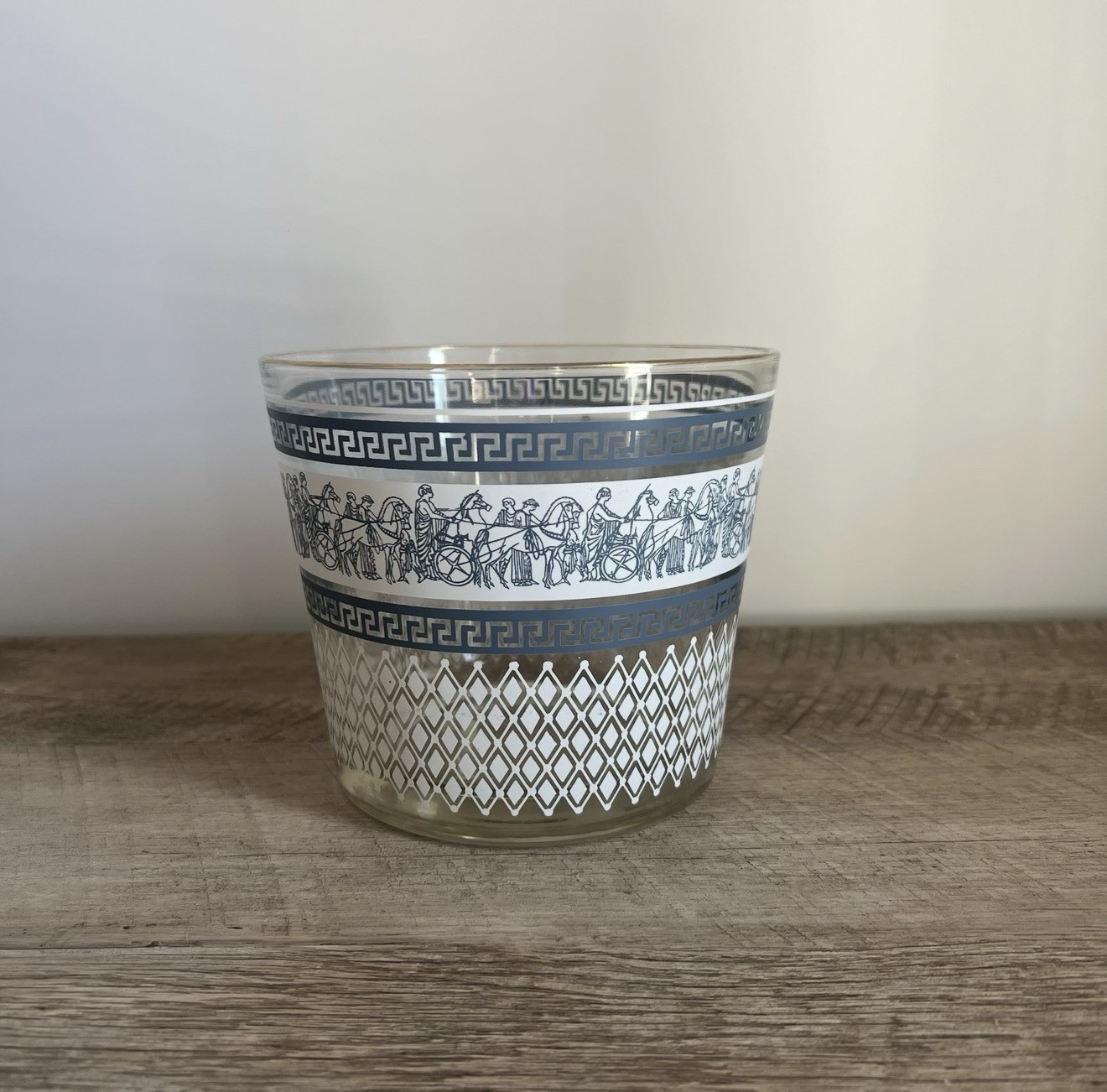 Vintage ICE BUCKET “Patrician” Jeannette Glass Blue & White Greek Design MCM