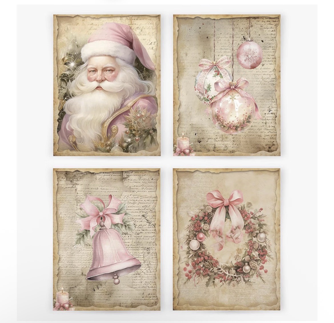 Vintage Christmas Santa Bow Bell Wreath Wall Art Prints Set of 4, 8” X 10”