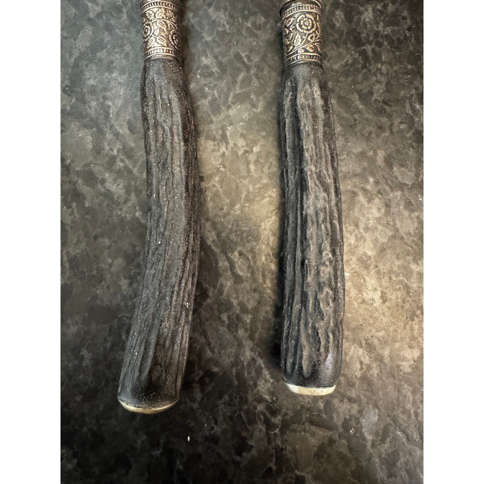Antique Stag Handle Carving Set Knife Fork Sheffield England Silver Ferrule