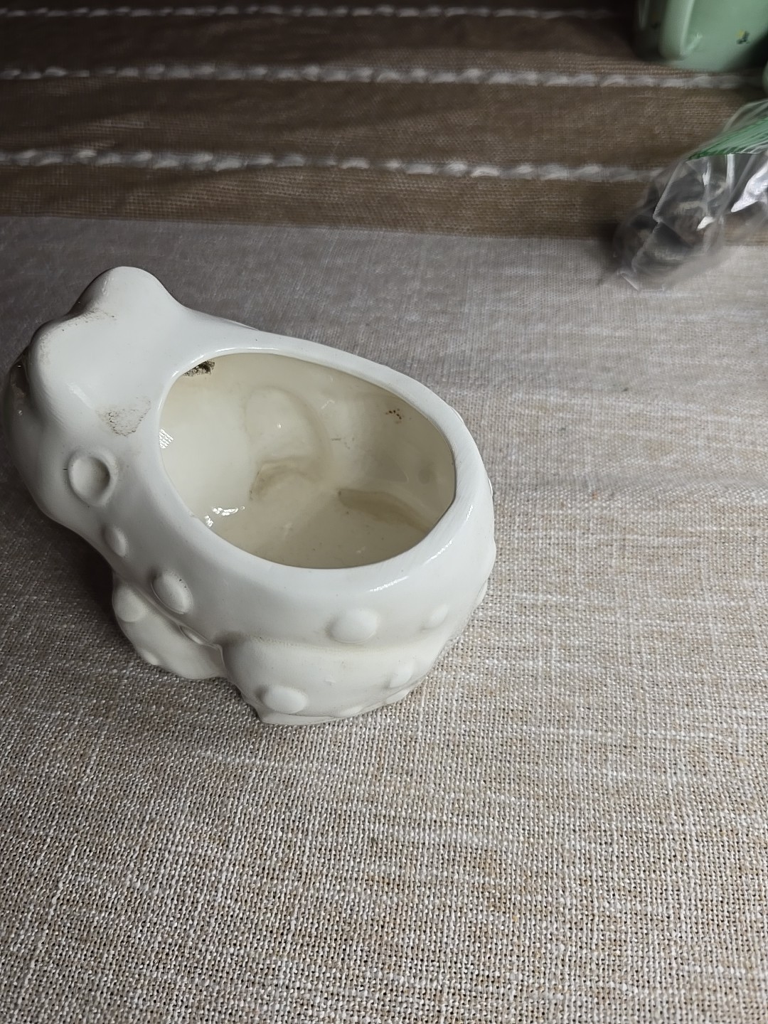 Vintage White Frog Planter Green Eyes