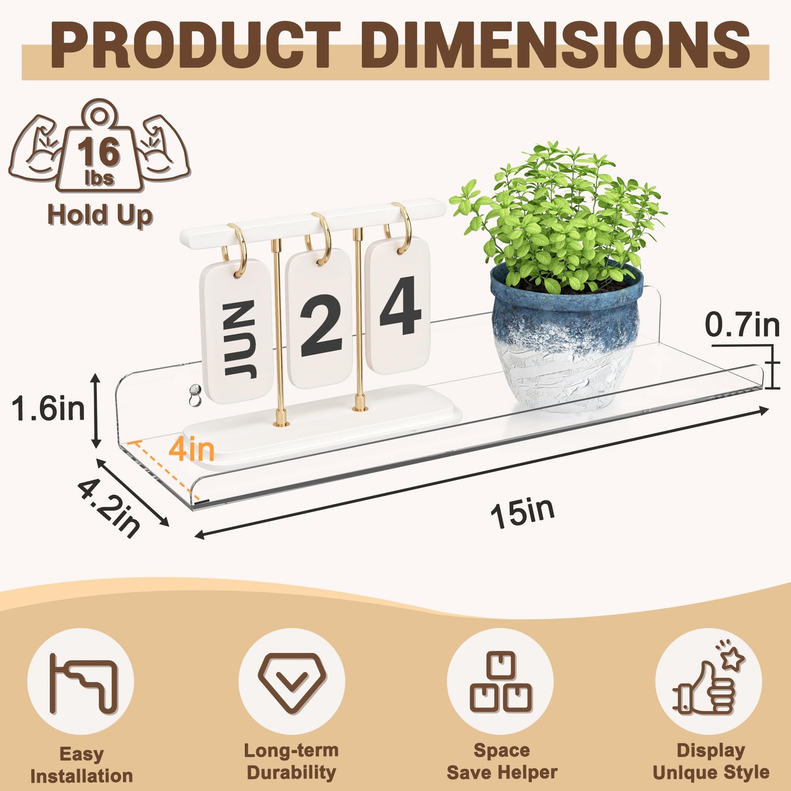 Qukaka Floating Shelves for Wall Decor, 15" Extra Clear 3 Pack,