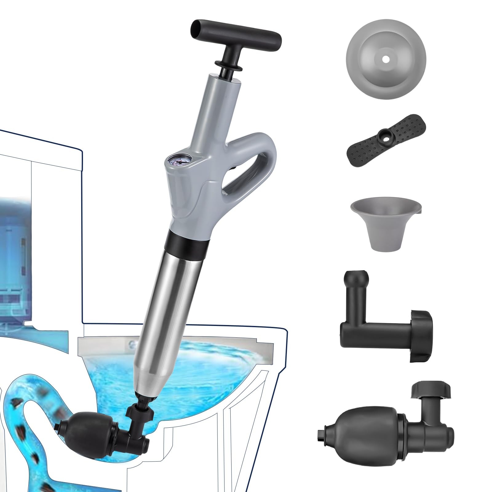 MaxxGeek Toilet Plunge Blaster, High Pressure Plunger, Gray