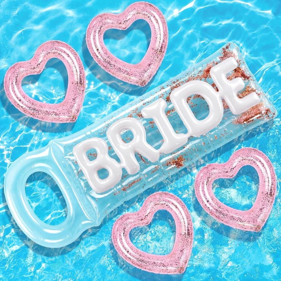 5 Pcs Bachelorette Pool Floats Set, Bride Pool Party Decor Heart Glitter Float