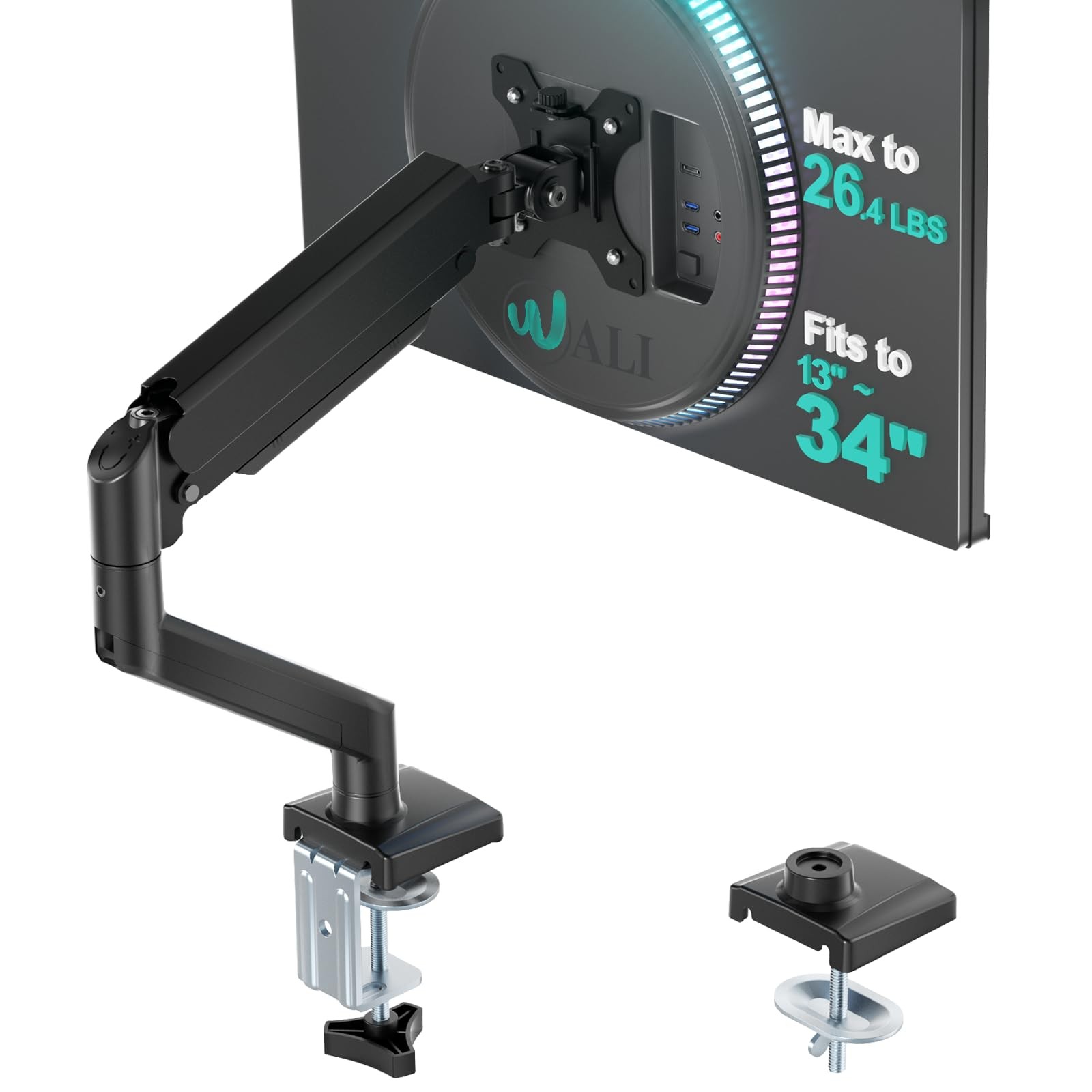 Single Monitor Mount, Adjustable Gas Spring Arm, 13-34" Screens, VESA Compatible