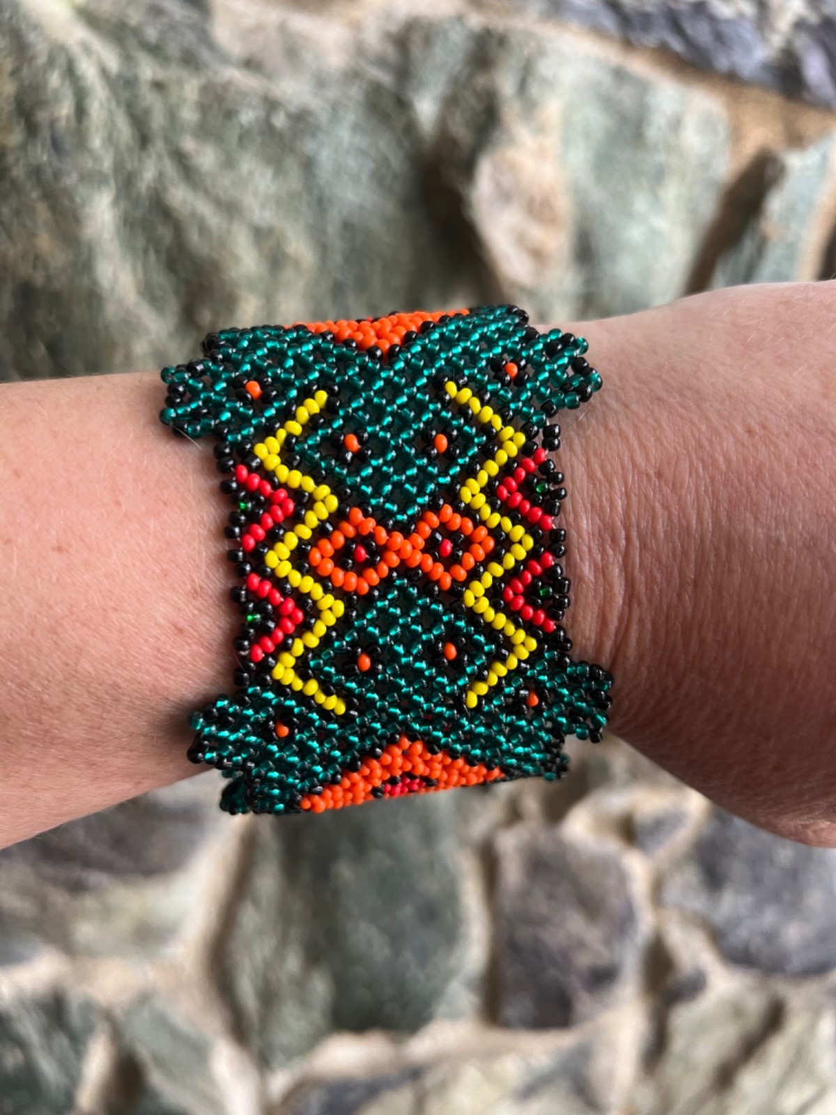 Shipibo Beaded Bracelet Teal Orange Red Inspired Bracelets  8 1/4" x 2 3/8”