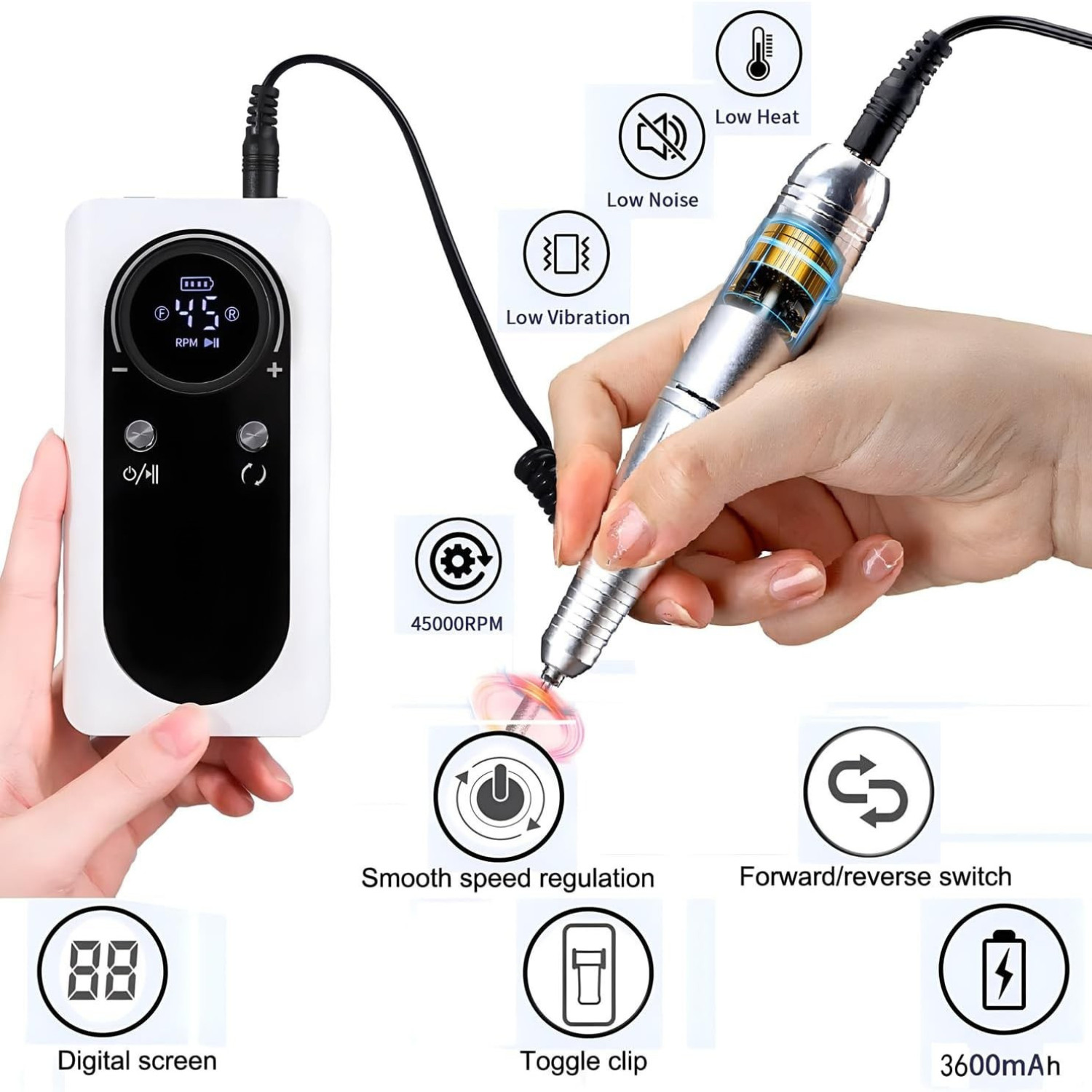 Taladro eléctrico de uñas de 45000 RPM, recargable, portátil, con lima de uñas,