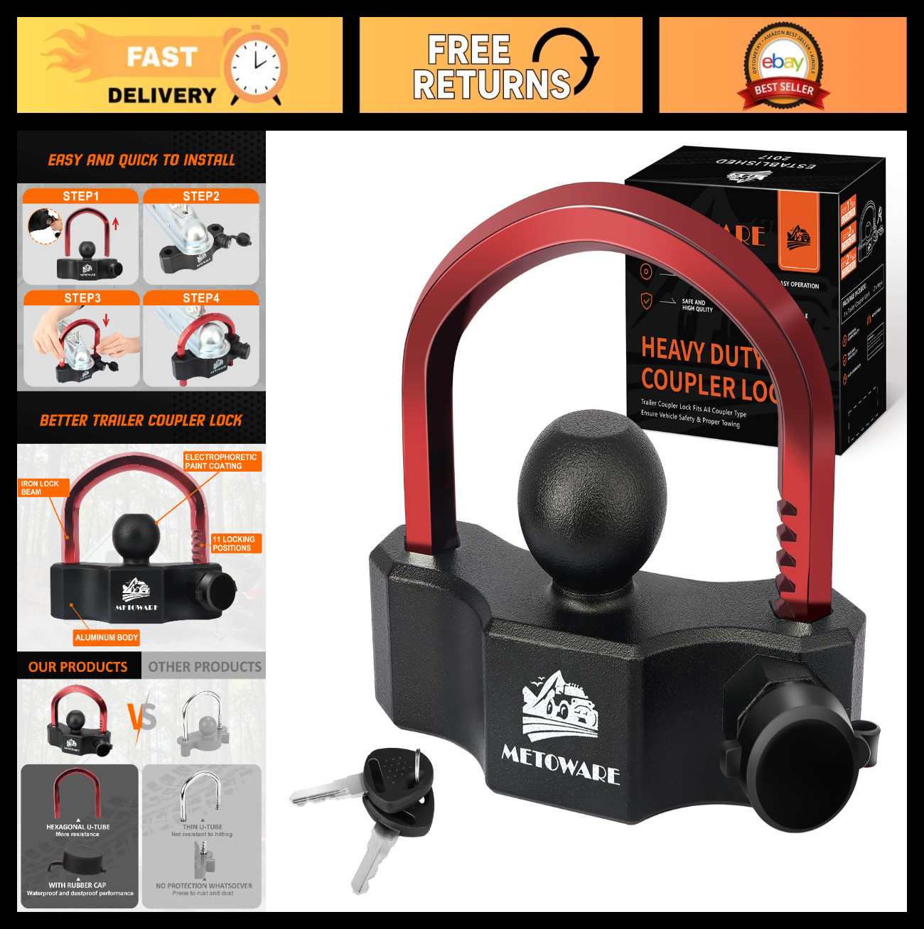 Heavy-Duty Universal Trailer Hitch Locks, Adjustable Coupler Ball Lock w/ 2 Keys