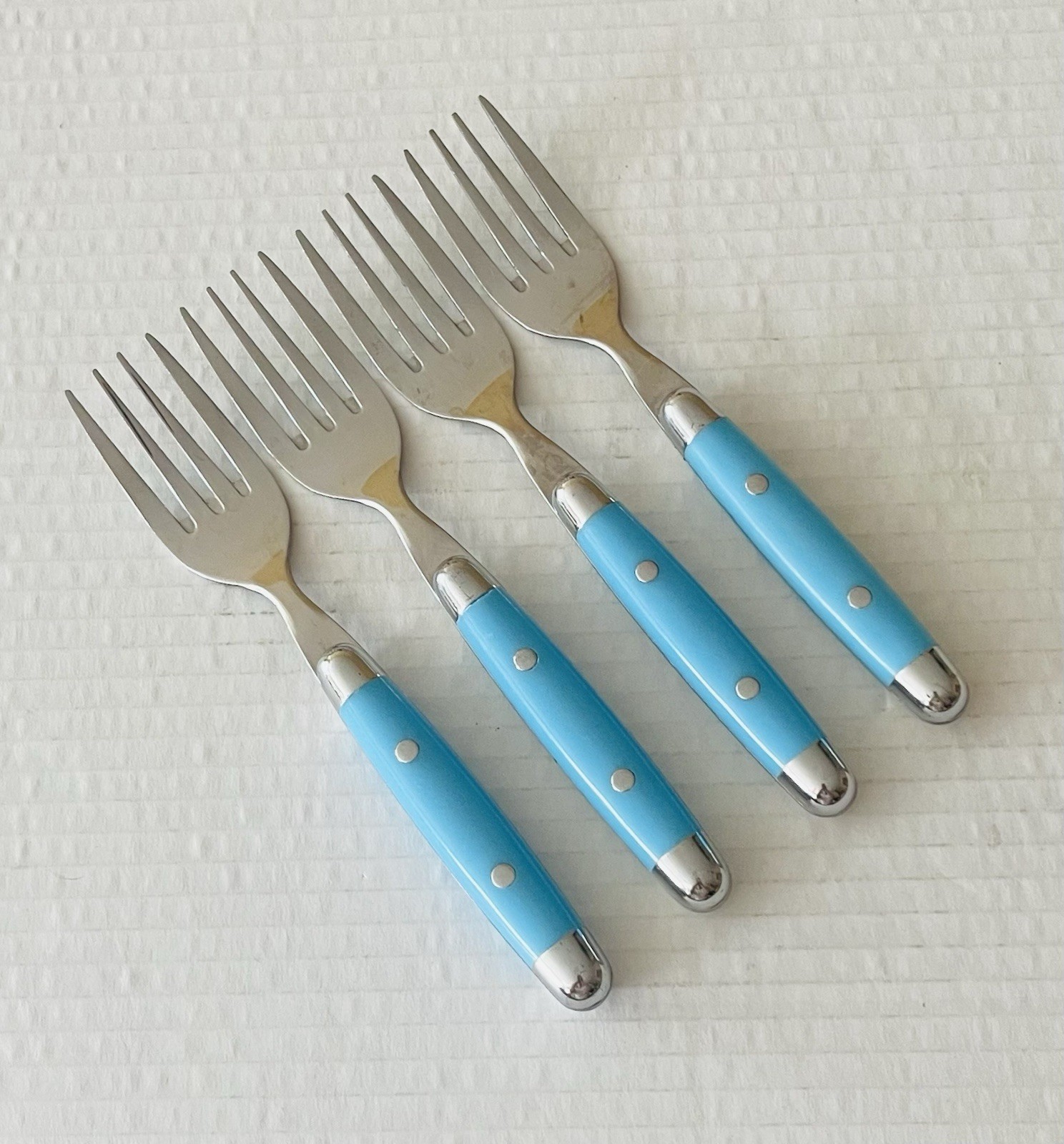 Set of 4 Salad Forks Stainless with Blue Plastic Handles 6 3/4” Long