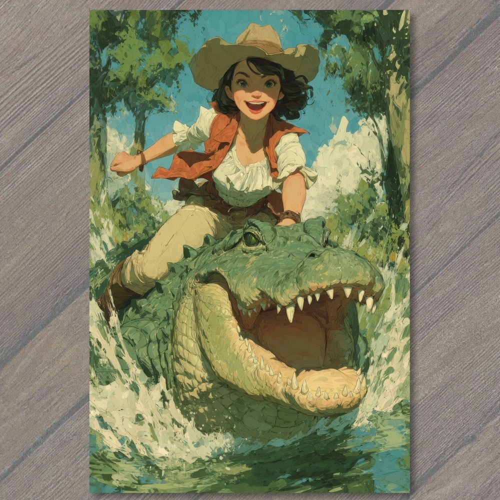 POSTCARD Cartoon Girl Riding Alligator Animal Adventure Wildlife Nature