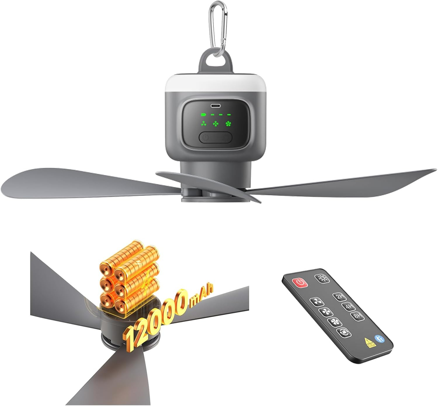 Portable Outdoor Ceiling Fan, 12000mAh Operation Battery with LED Lighting with