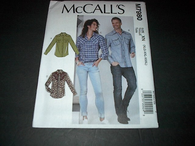 McCall's Pattern 7980 Misses'/Men's LS Semi-Fitted Button Front Shirt XL~XXXL UC