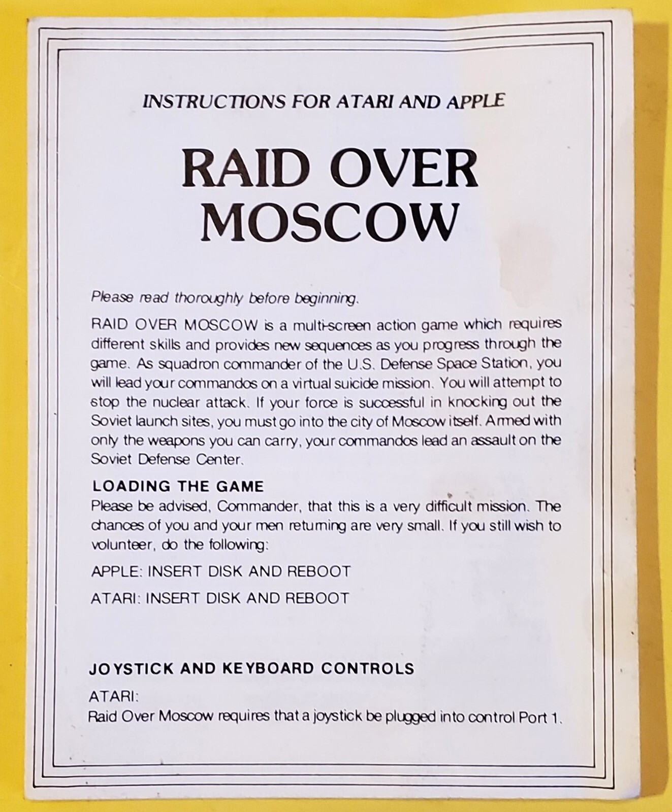 Raid Over Moscow Video Game Instructions Only Atari Apple Access Software 1984