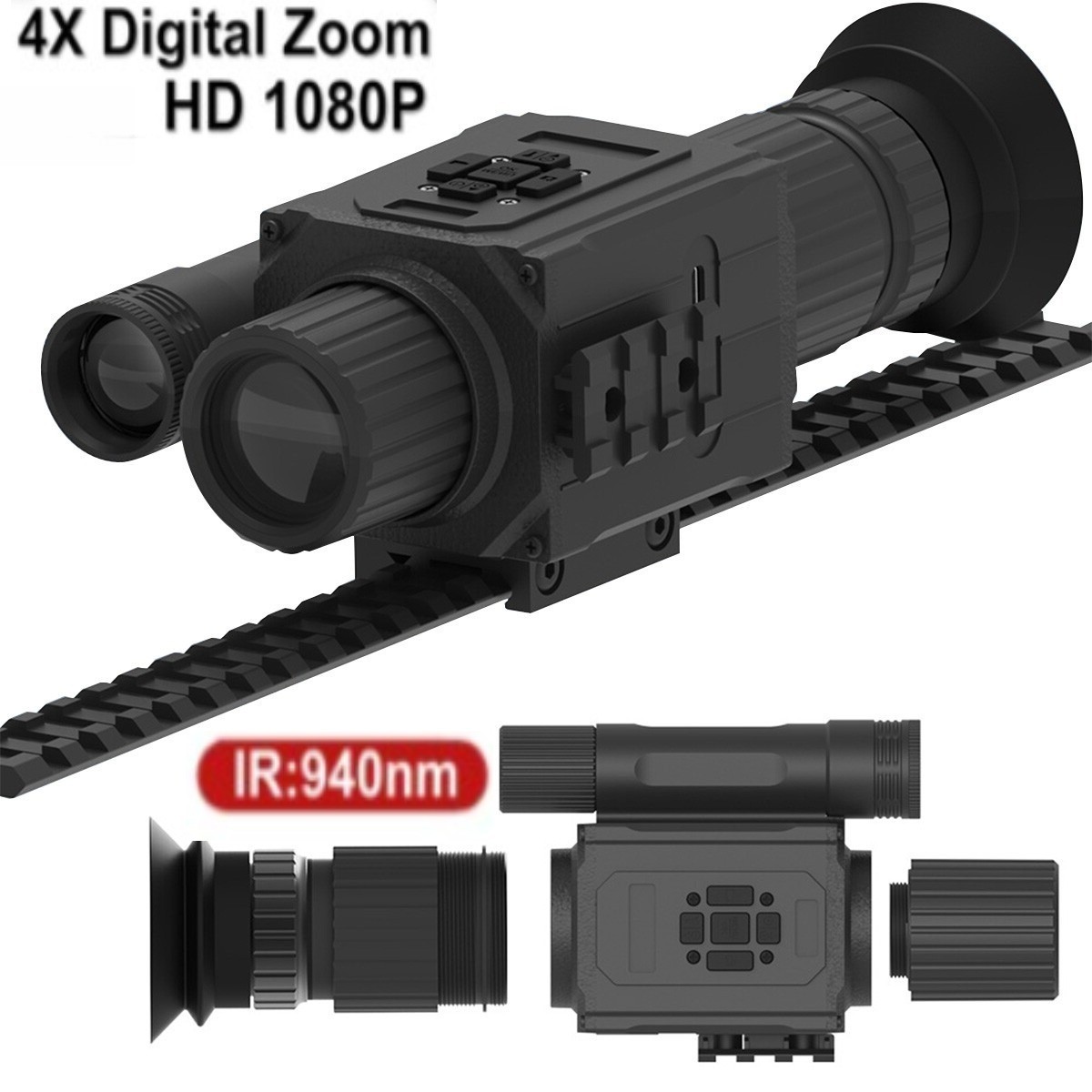 940nm IR Night Vision Scope 1080P 4X Zoom Monocular Outdoor Night Hunting