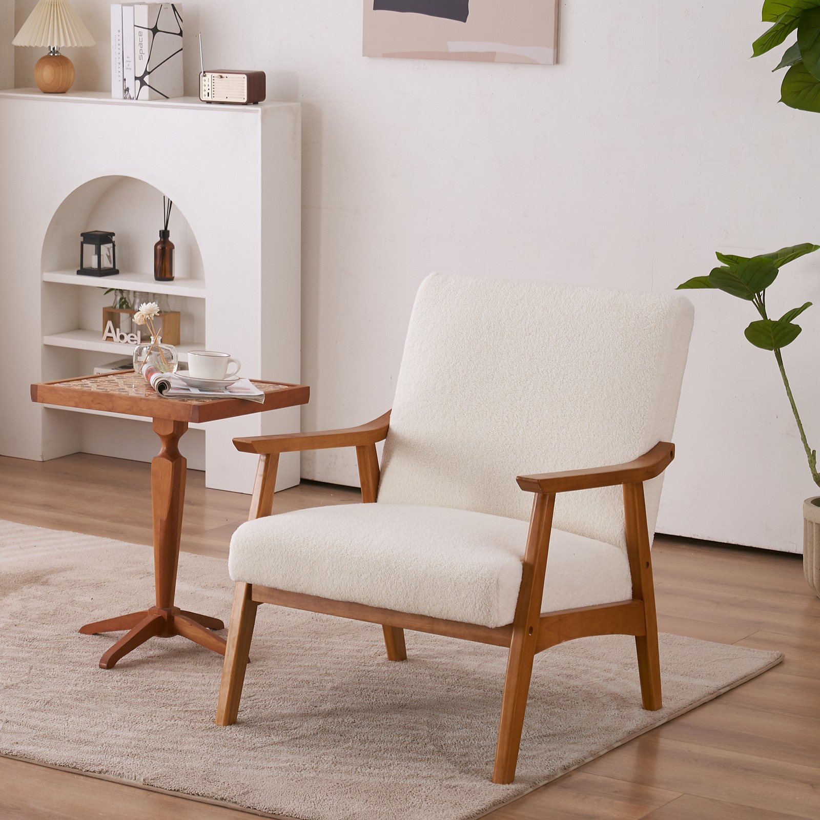 Wood Armrest Teddy Velvet Simple Single Indoor Lounge Chair Backrest Creamy