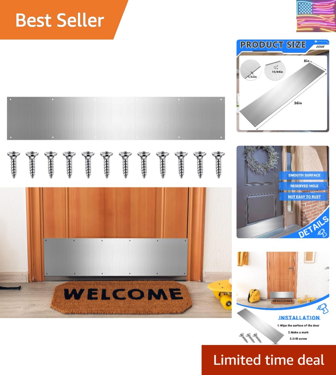 8 x 36 Inches Metal Kick Plate for Bottom of Door Aluminum Kick Plates with S...
