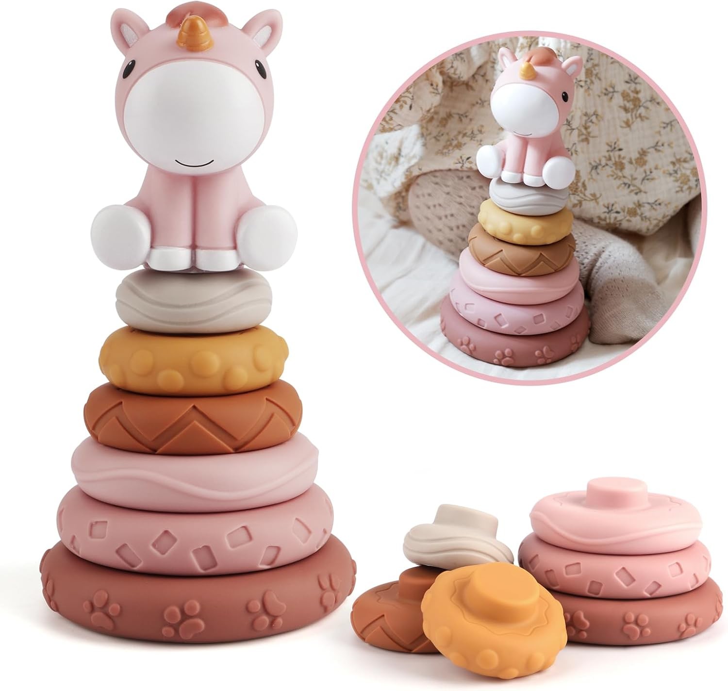 Nueplay Stacking Rings Toy for Baby Girls with Unicorn Topper – 6 Textured Sen