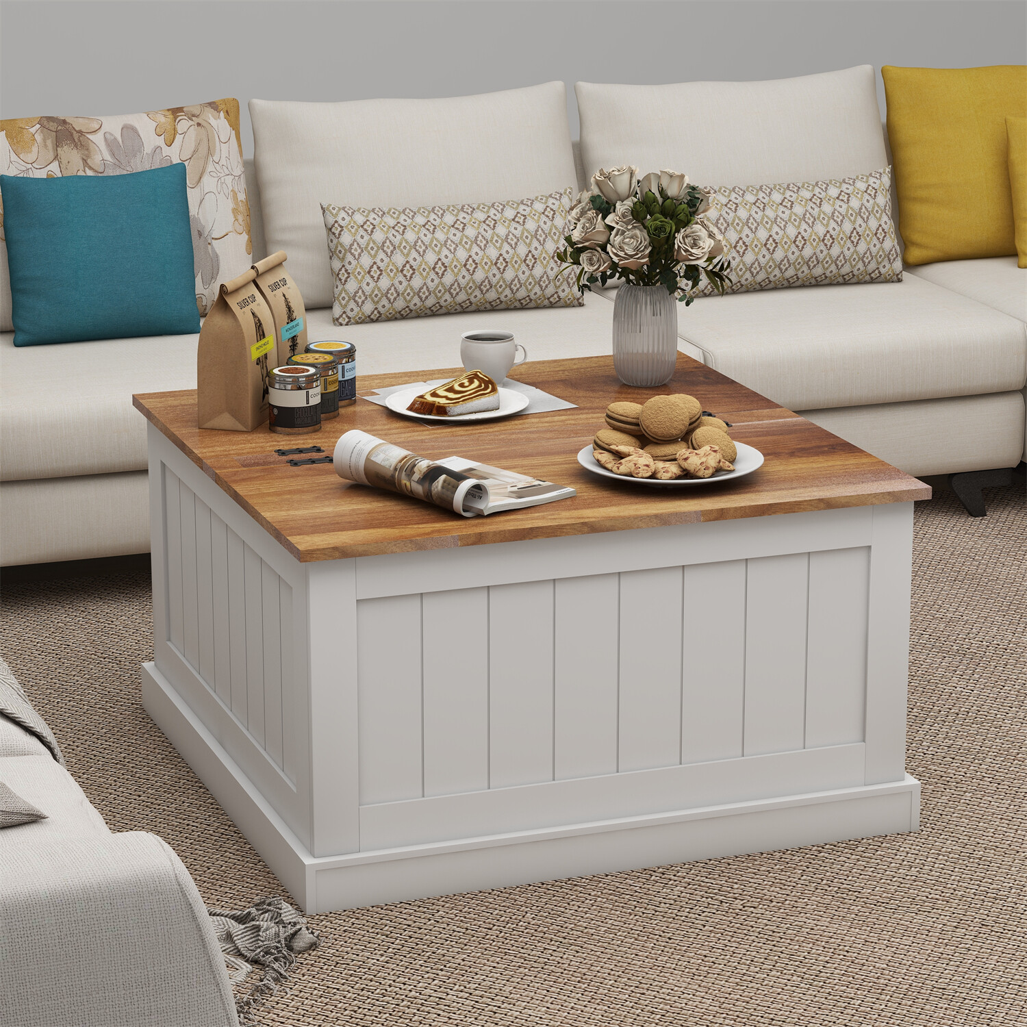 Farmhouse Coffee Table Center Cocktail Table w/ Hidden Storage Compartment