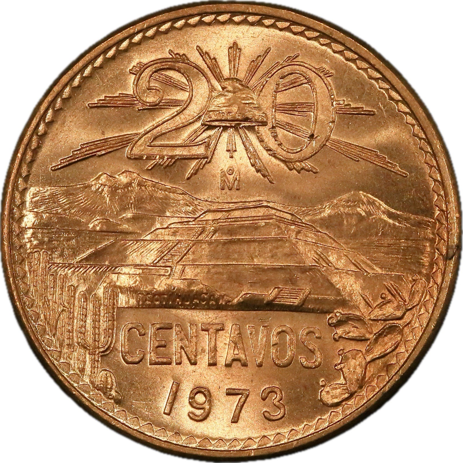 1973 Mexico 20 Centavos KM# 441  Pyramid of the Sun at Teotihuacán Uncirculated
