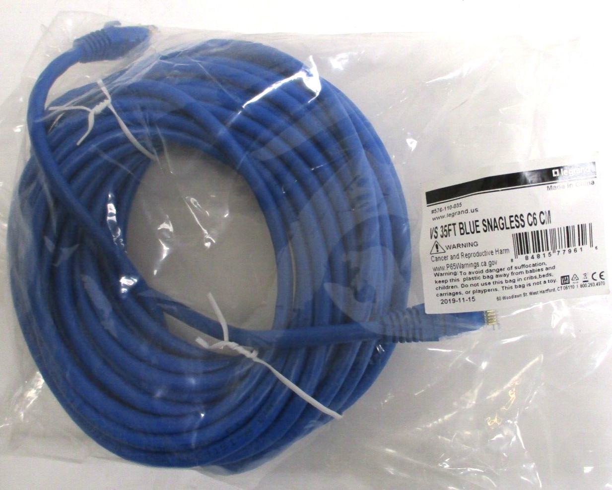 LEGRAND, 576-110-035 , VS-35FT-BLUE-SNAGLESS-C6-CM CABLE , LOT OF 25 , SURPLUS