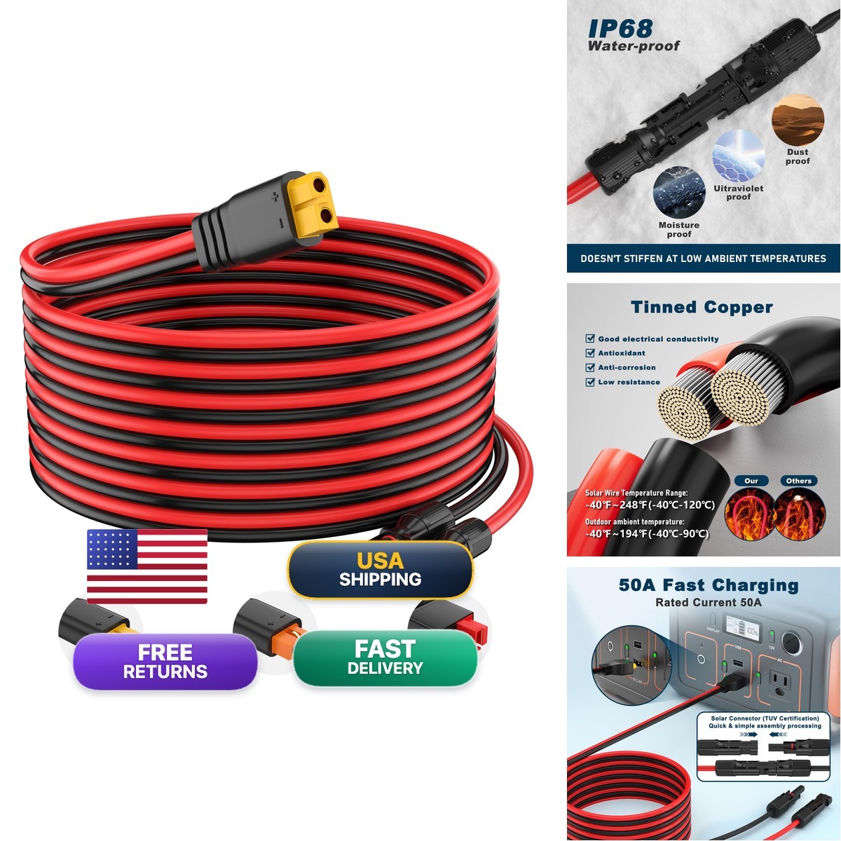 Baluoqi 10AWG Solar Connector XT60 Adapter Extension Cable Solar Panel Potable