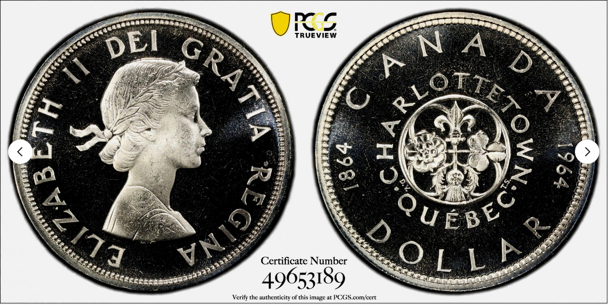 :1964 1$ DOLLAR ELIZABETH II CHARLOTTETOWN CANADA PCGS PL 67 DCAM RARE R7 11/1