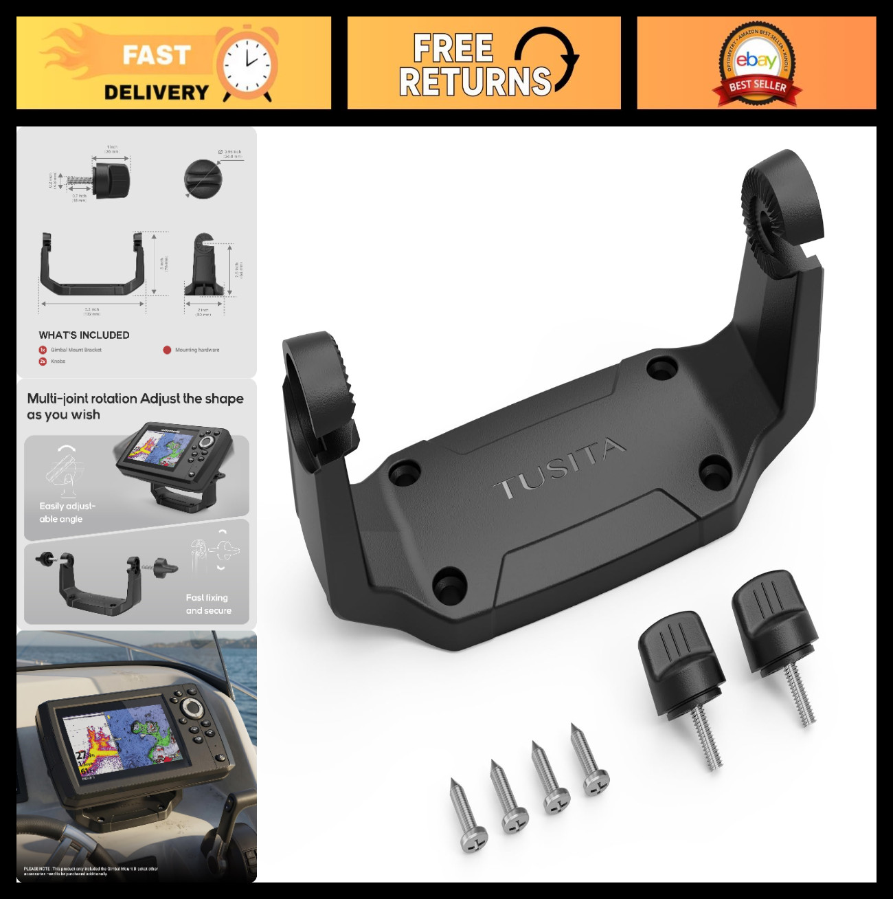 Gimbal Mount Bracket & Knobs for Humminbird Helix 5 Fishfinder, Easy Install