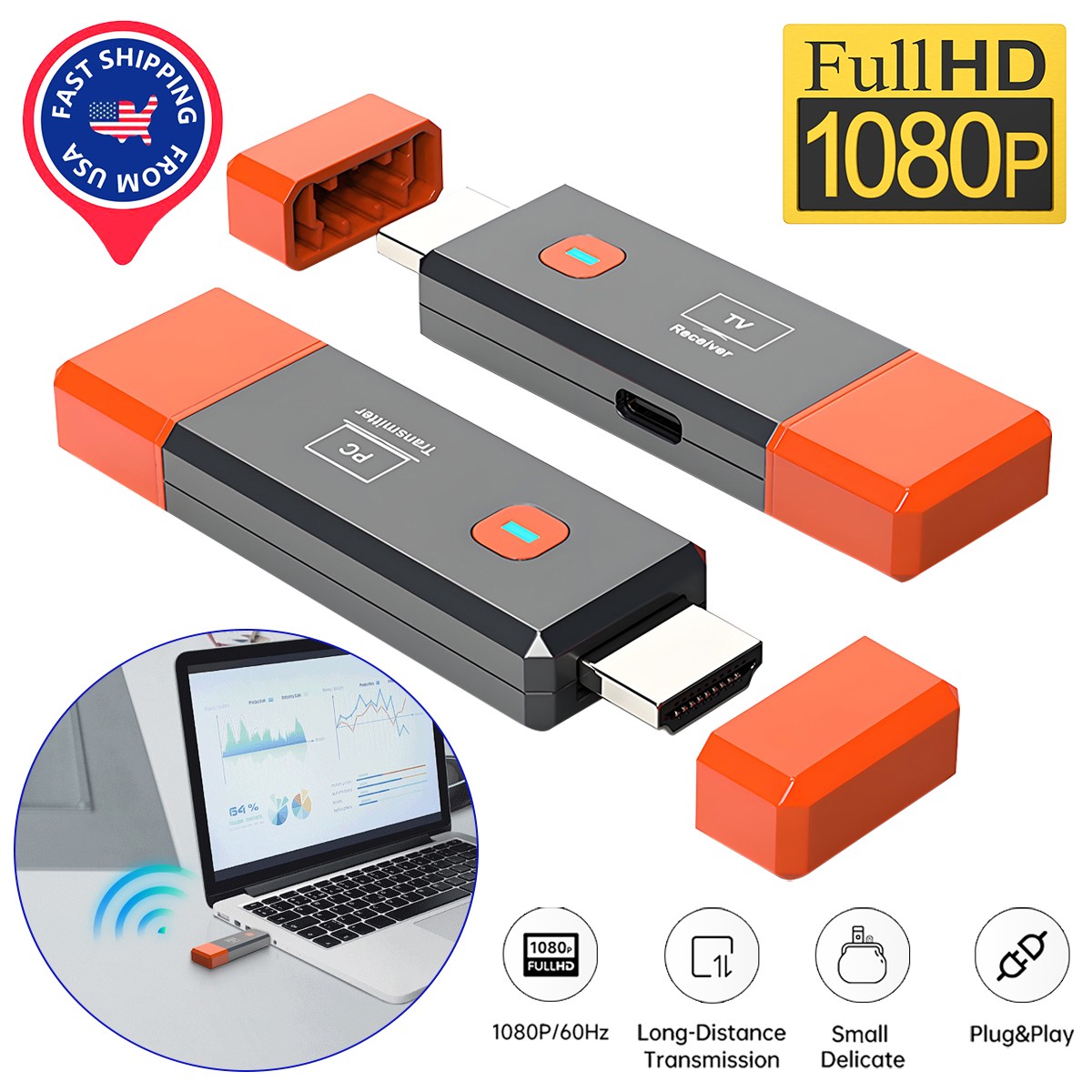 50m Wireless HDMI Extender Video Transmitter and Receiver Display for PC To TV