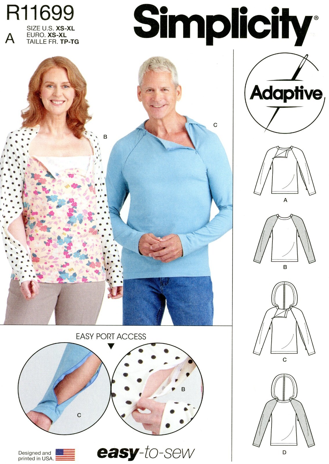 Simplicity R11699 Unisex Dual Port Access Chemo Top & Hoodie Sz XS-XL UC S9723