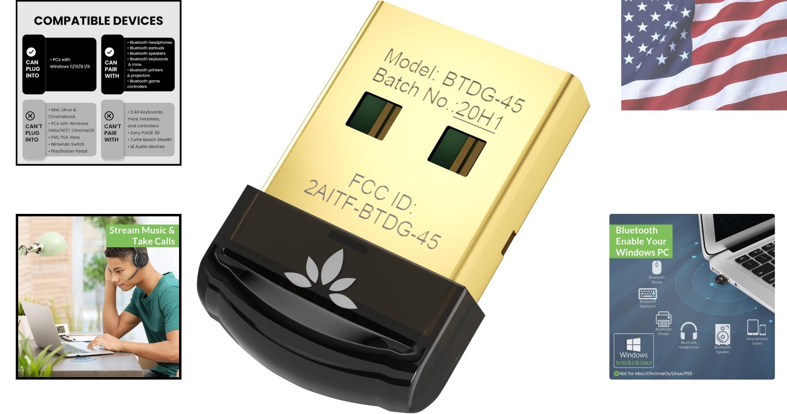 DG45 USB Bluetooth Adapter for Windows - Connect Headphones, Speakers, & More