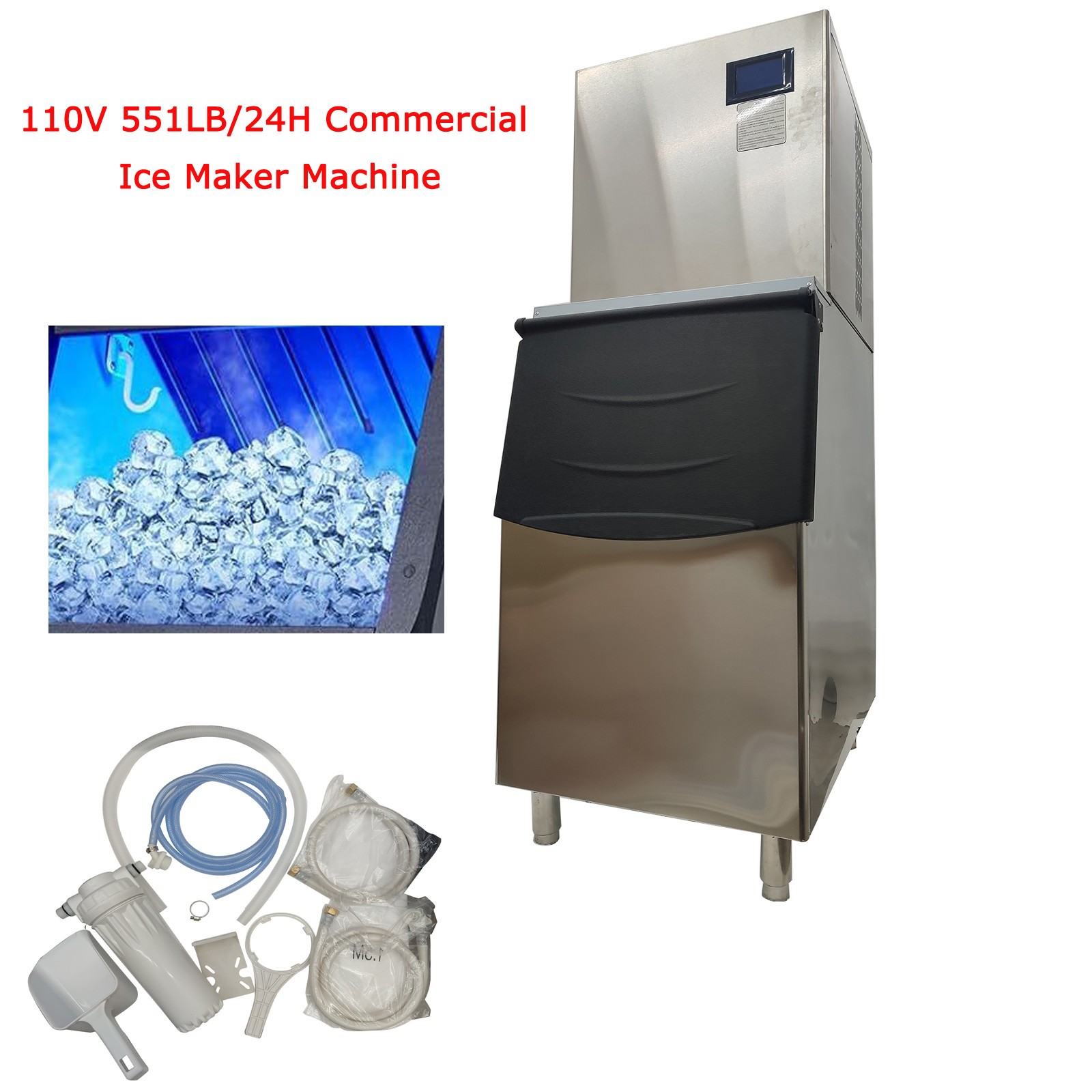 110V 550LBS/24H Commercial Ice Maker Machine, Air Cooled w/220LBS Storage Bin