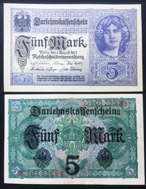Authentic Germany 5 Mark Bill - UNC Uncirculated - Very Rare Bill - 1917 BERLIN