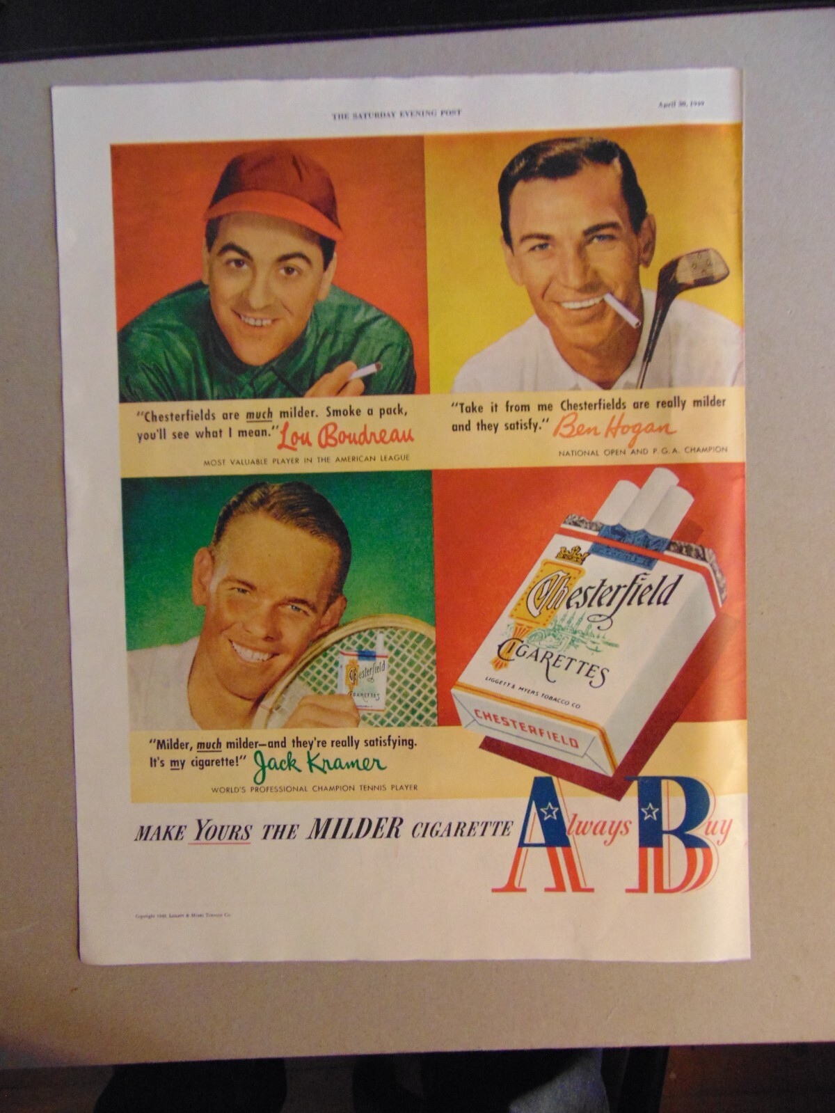 1949 CHESTERFIELD Cigarettes Sports Stars Hogan Kramer Boudreau vintage print ad