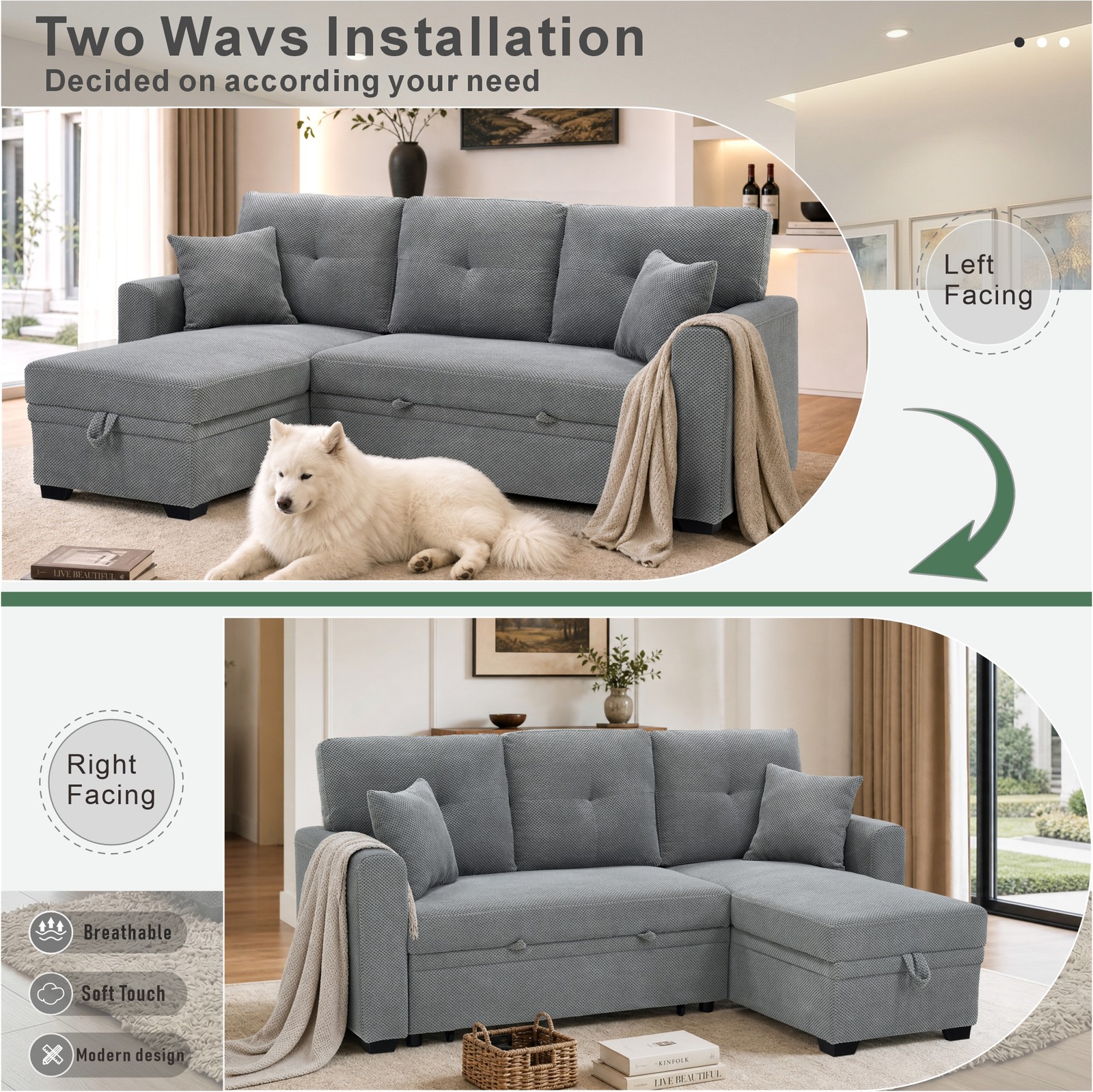 L-Shaped Sofa Sectional Loveseat Couch Convertible Sleeper Sofa w/Pull-Out Bed
