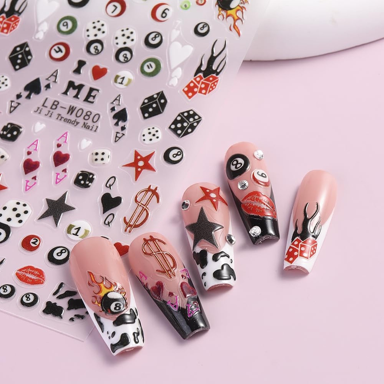 4 Sheets Pool & Dice Nail Art Stickers Decals, Cute Cartoon Style Dice Billia...