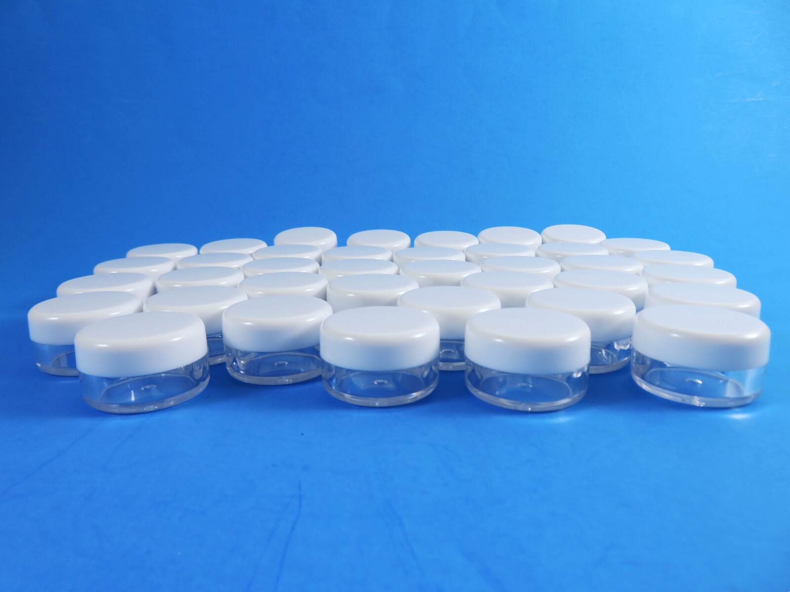Cosmetic Sample Jars 1/8 Ounce Clear W/ White Lid Lot Of 36 Polystyrene New