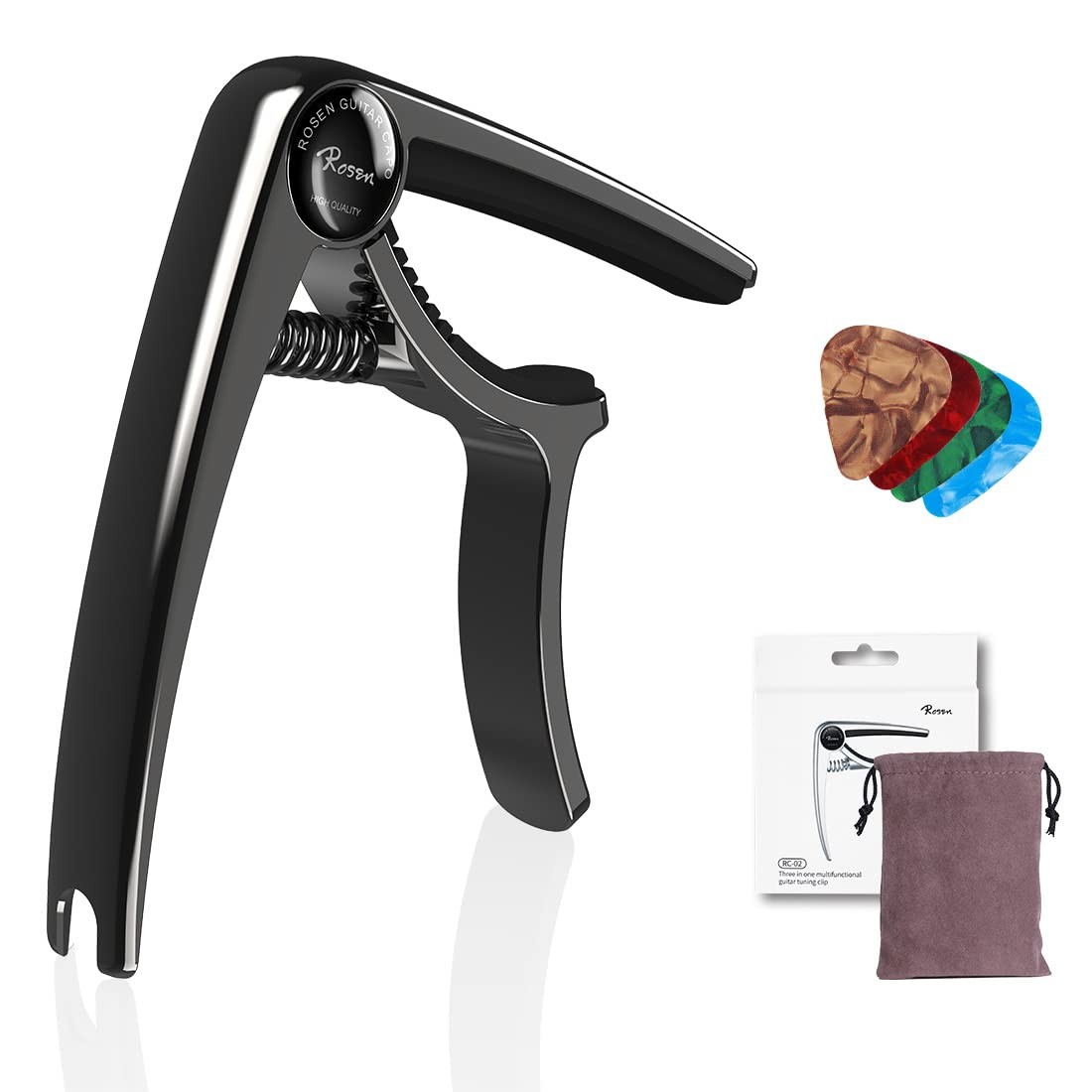 Black Guitar Capo 3in1 Metal Capo Picks Set for Acoustic Guitar Electric Guit...