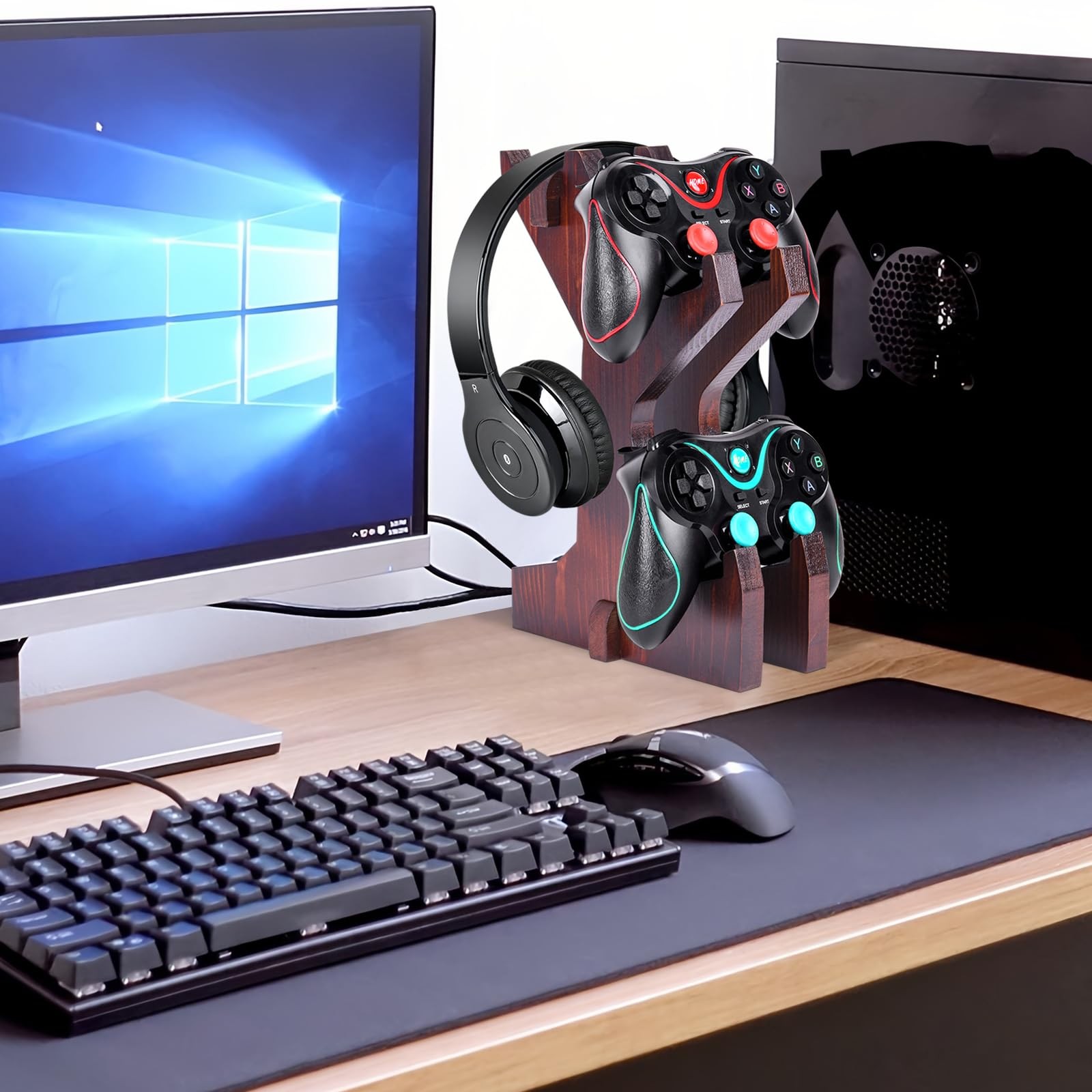 Wooden 2-Tier Game Controller & Headset Stand for PS5/PS4/Xbox Series