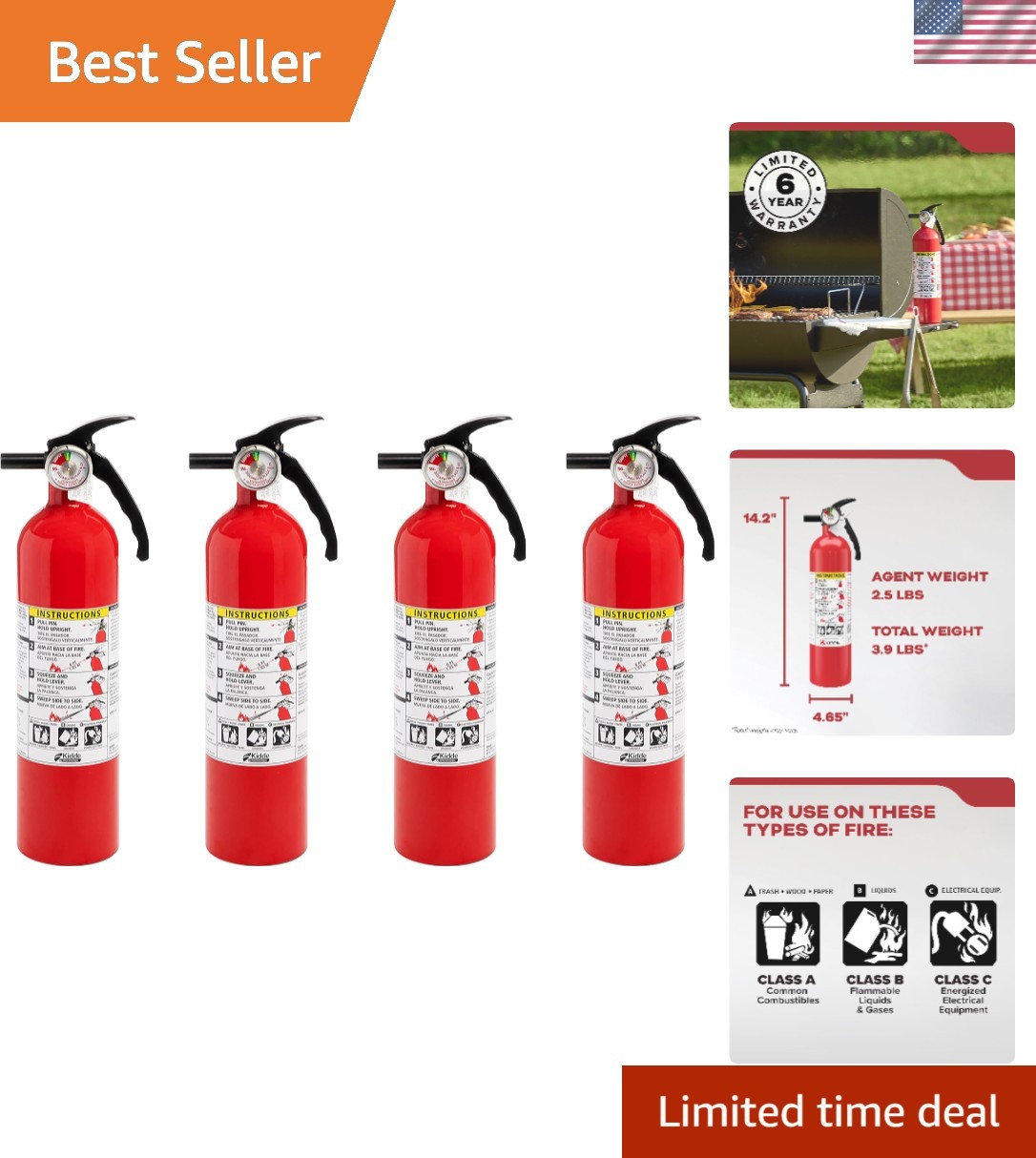 Multi-Use Red Fire Extinguisher 4 Pack, 1-A:10-B:C, Essential Home Safety Gear
