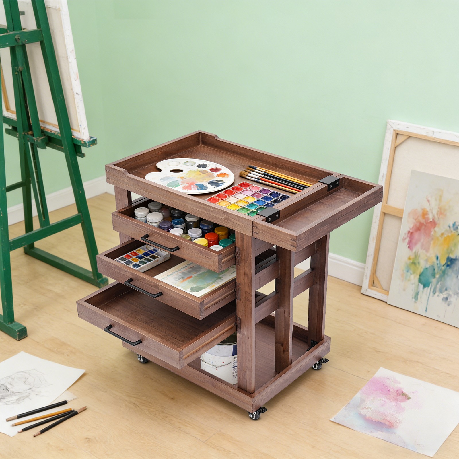 Walnut Art Supplies Storage Cart 5-Tier Pine Wood Rolling Cart with 3 Drawers
