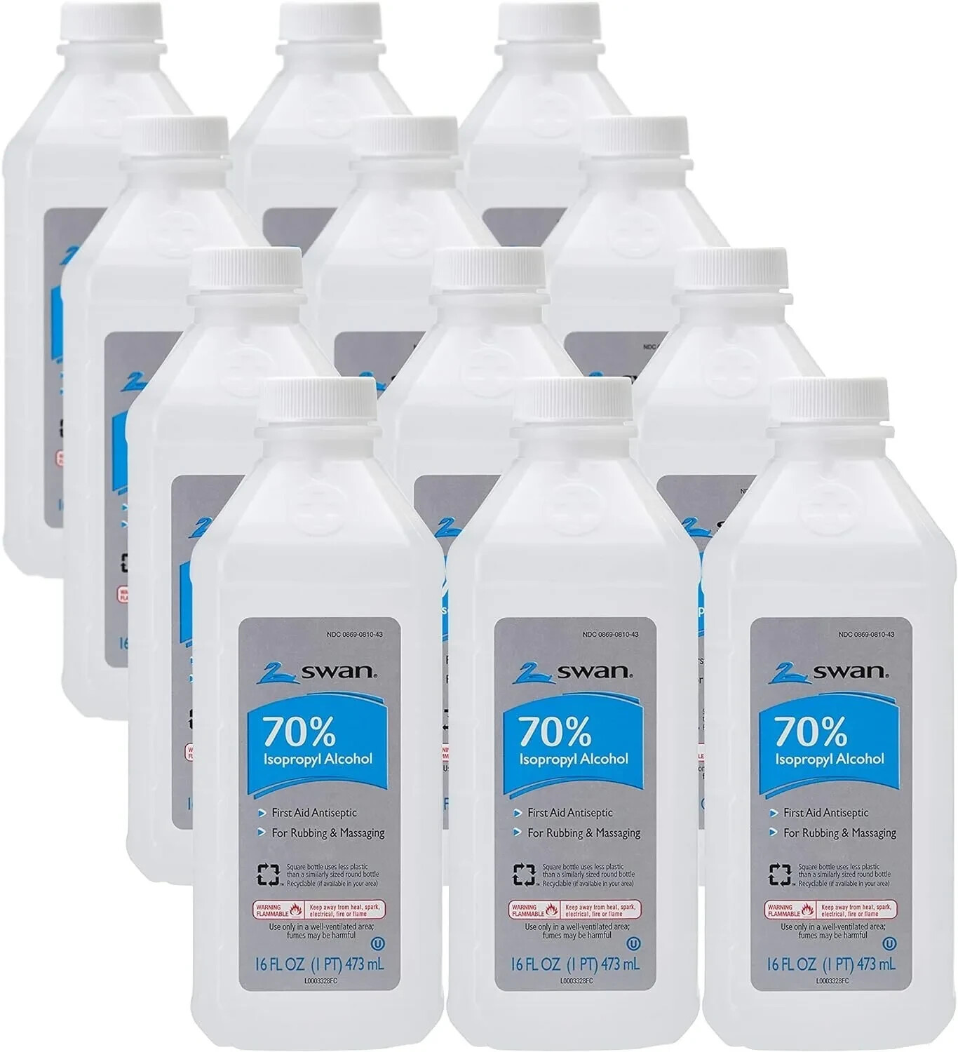 12 Bottles Swan Isopropyl Rubbing Alcohol 70% 16 fl. oz.