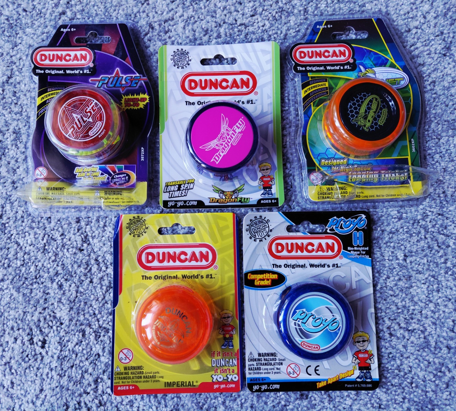 NEW - Lot of 5 - Duncan Yoyo's. Pulse, DragonFly, Hornet, Proyo and Imperial.
