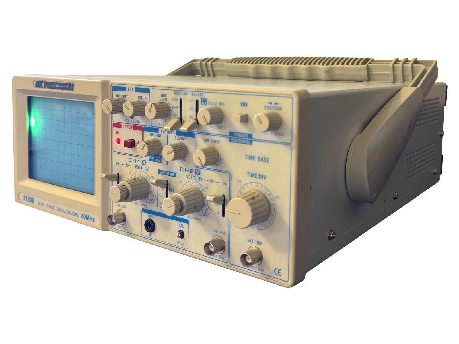 BK Precision 2120B Dual Trace Oscilloscope 30MHz Benchtop Lab Scope Power On